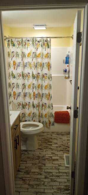 Hair dryer, towels, soap, shampoo