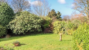 A garden with various trees and shrubs, a grassy area, and a small tree with a trunk visible. - 7 Erme Drive (Ivybridge)