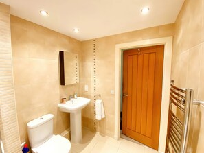 A bathroom with a toilet, sink, mirror, and wooden door. - Sea View Apartment, 7 Ellington Court (Torquay)