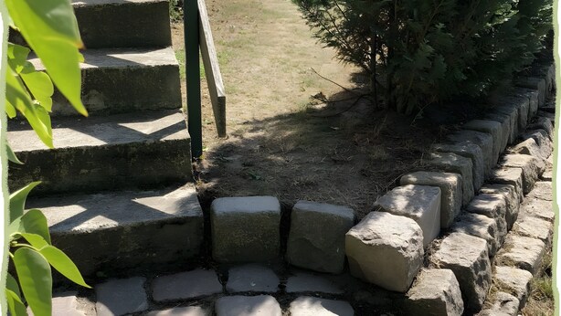 Een stenen trap die leidt naar de ingang van een gebouw, omringd door groen.