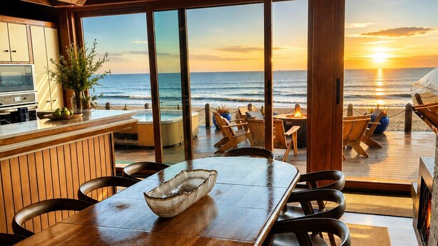 Una mesa de madera con sillas, un ventanal con vistas al océano y una vista del atardecer.