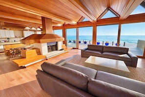Smart TV, fireplace, books, stereo
