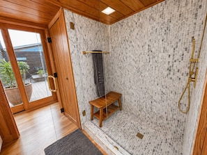 Hair dryer, bidet, towels, soap