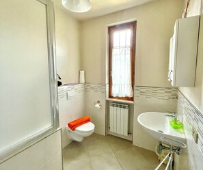 Shower, hair dryer, bidet, towels