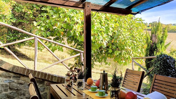 Ein überdachter Außenbereich mit Tisch, Stühlen und Blick auf einen Weinberg.