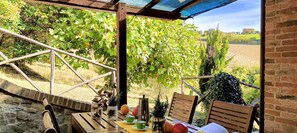 Een overdekt terras met een tafel, stoelen en uitzicht op een wijngaard.
