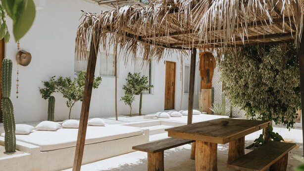 A patio with a wooden table and benches, surrounded by cacti and plants. - Villa Leone Privatisée (Brisas de Zicatela)