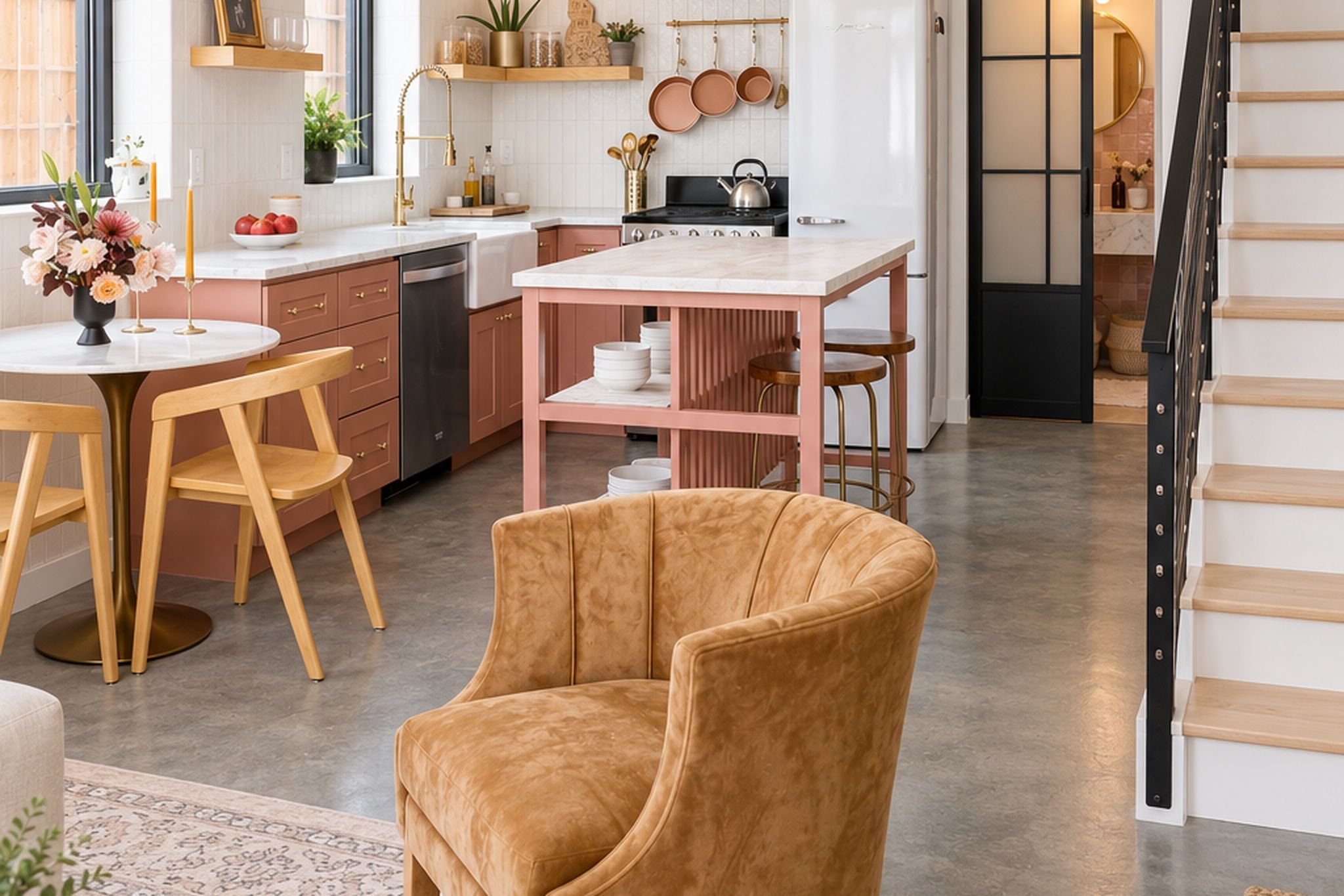 Et moderne køkken med spiseplads, sofa og trappe.