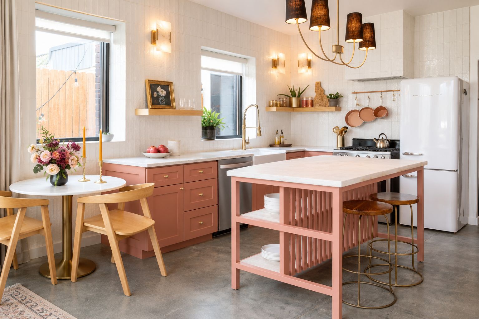 A modern kitchen with a central island, pendant lighting, and a view to the outside.