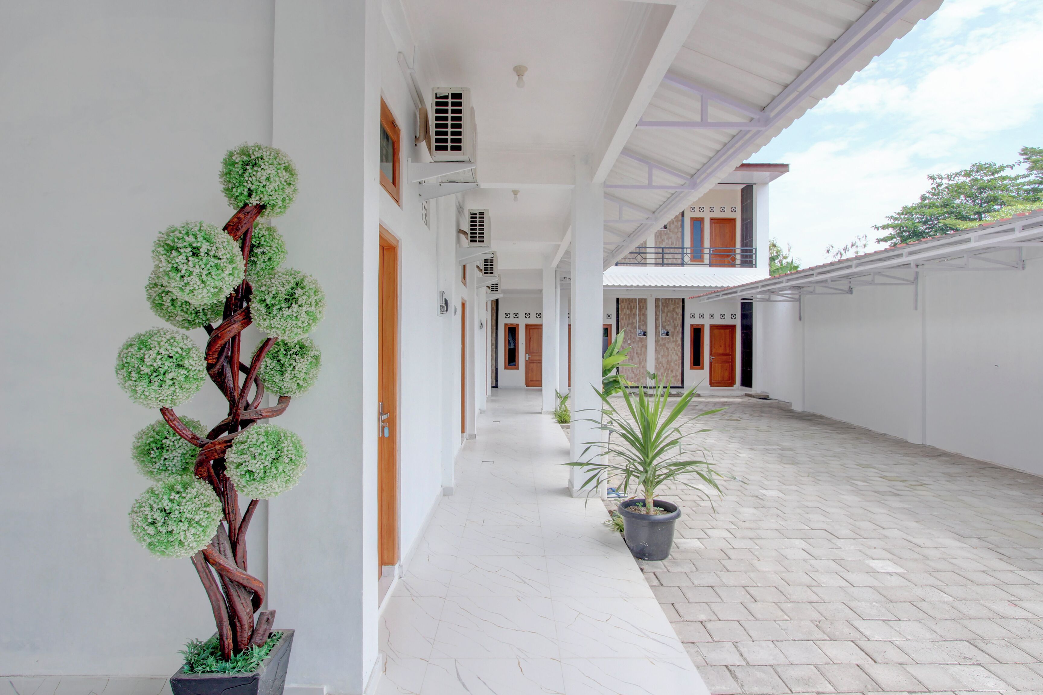 Un pasillo decorado con un árbol ornamental, unidades de aire acondicionado y una planta en maceta.