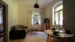 A living room with a sofa, a dining table with chairs, a TV, and a window with curtains.