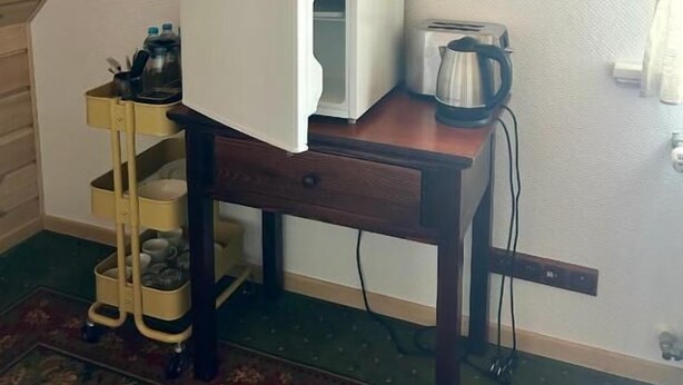 Un rincón de una habitación con techo de madera, un refrigerador blanco, un tostador, un mueble pequeño y una alfombra.