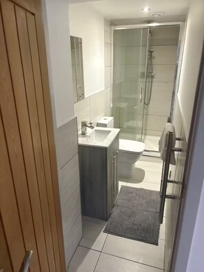 Ein schmales Badezimmer mit Dusche, Waschbecken und Toilette.