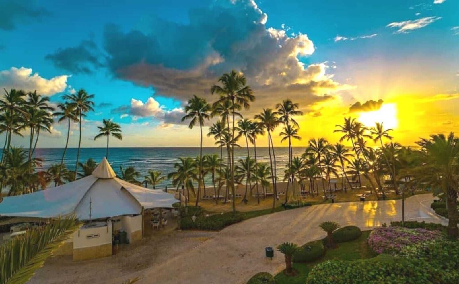 A beach view with palm trees, a tent, and a clear sky.
