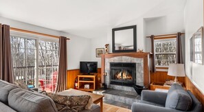 Una sala de estar con chimenea, televisor y sofá.