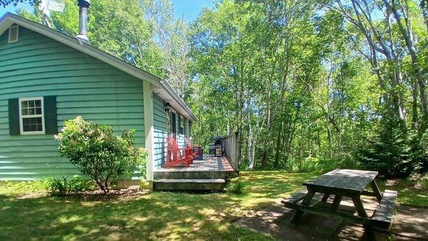 Ett hus med grön fasad, en veranda, ett picknickbord och en liten trädgårdsyta.