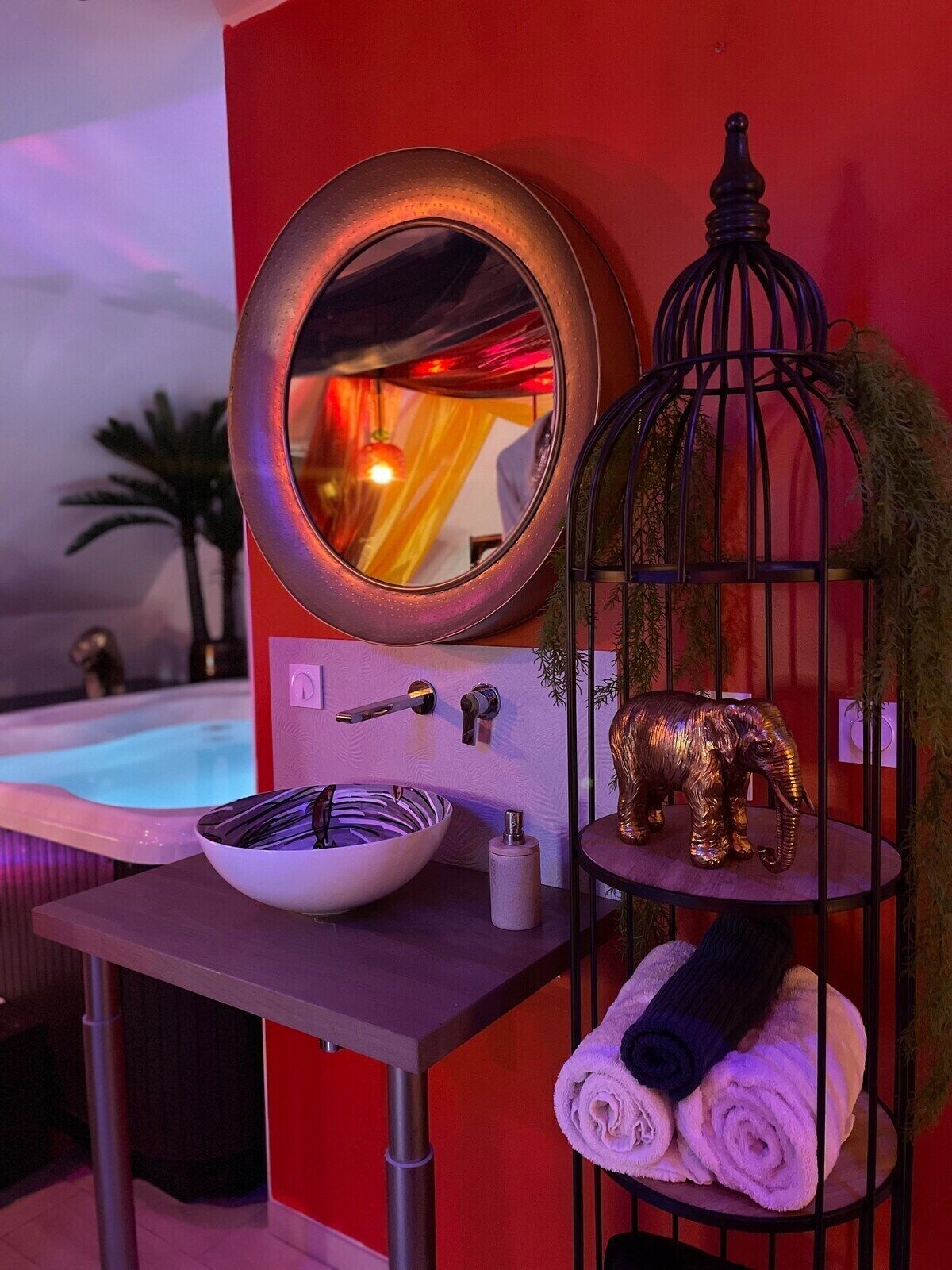 vue sur lavabo et spa
