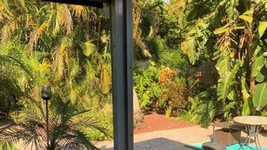 A covered patio with a view of a garden, a small table, and a chair. - Clean Central Location 3-bedroom 2 Bath house Palm Harbor 1 Block to Starbucks (Palm Harbor)