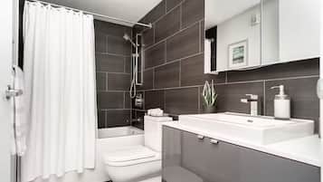 Hair dryer, towels, soap, shampoo