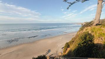 A beach with a wooden staircase leading down to the shore, surrounded by greenery and a clear sky.
