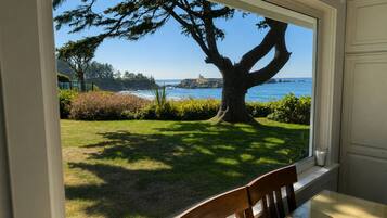 A room with a large window overlooking a grassy area with a tree and a view of the ocean.