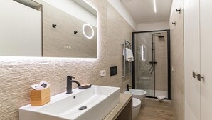 A modern bathroom with a large sink, a mirror, a glass shower enclosure, and a toilet. - Vatican Suites Apartment - Vatican City (Rome)