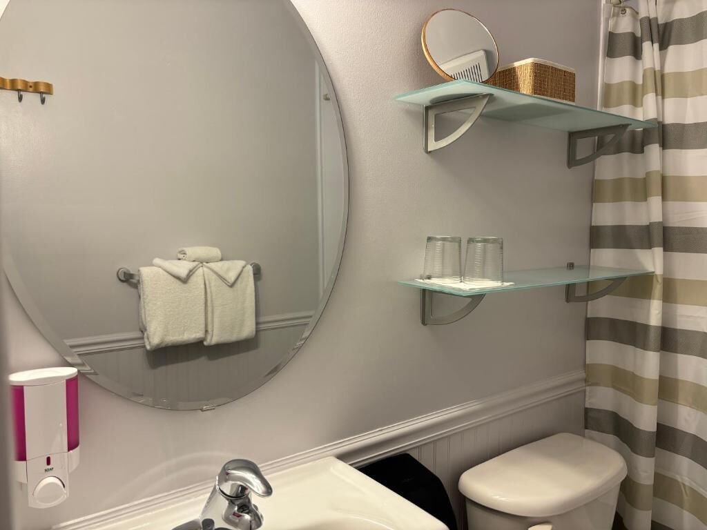 Une salle de bain avec un miroir rond, un porte-serviettes, une étagère en verre contenant des articles de toilette, des toilettes et un rideau de douche à rayures.