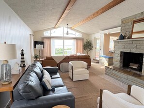 Smart TV, chimenea y libros 
