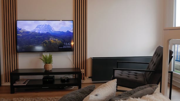 A modern living room with a flat-screen TV, a dark sofa, a small coffee table, and a fluffy rug. - Panoramik station +parking (Nancy)