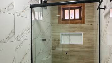 Shower, free toiletries, hair dryer, towels