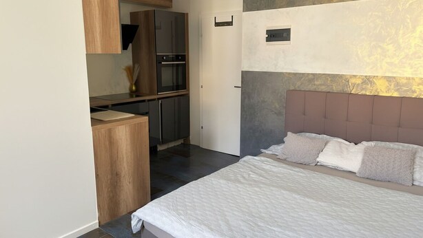 A bedroom with a bed, a headboard, and a view into the kitchen area.