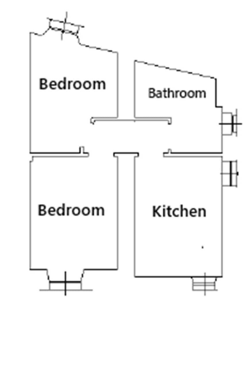 A floor plan with two bedrooms, a bathroom, and a kitchen.