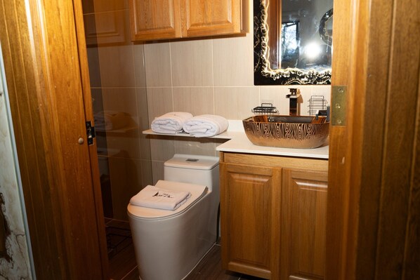 A bathroom with a wooden cabinet, a white sink with a decorative bowl, and a toilet. - Ecohotel Dubai Del Oriente (El Penol)