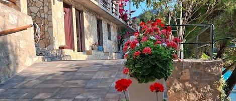 A stone building with a balcony, a paved pathway, and a planter with red flowers.