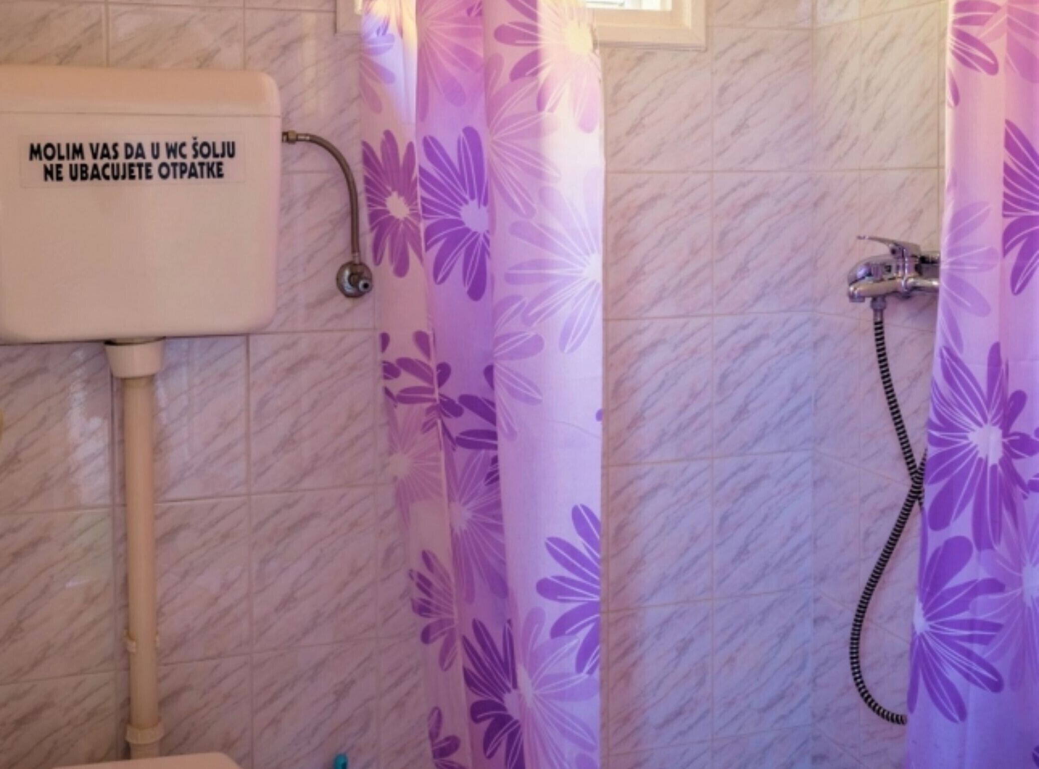 Une salle de bain avec un rideau de douche orné d’un motif floral violet, des toilettes visibles et une barre d’appui.