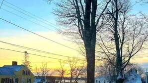 A rural landscape with a wooden fence, bare trees, and a road leading to a yellow house. - Mermaid's Mini Mansion (Eastport)