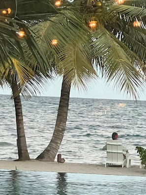Eine Strandansicht mit Palmen, einem Stuhl und einer Person, die unter den Bäumen sitzt.