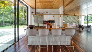 A modern kitchen with a central island, stainless steel appliances, and a large window overlooking a garden. - The Beach House - Upscale 5-bed Beachfront Villa w Pool Pier Ocean Views (Placencia)