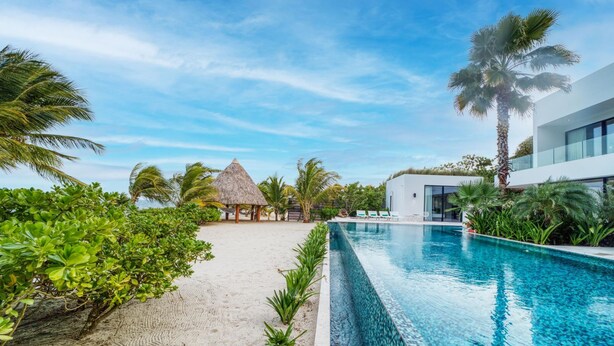 A resort with a swimming pool, palm trees, a thatched-roof structure, and a modern building. - The Beach House - Upscale 5-bed Beachfront Villa w Pool Pier Ocean Views (Placencia)