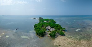 An aerial view of a small island with dense green vegetation, clear waters, and a few structures.
