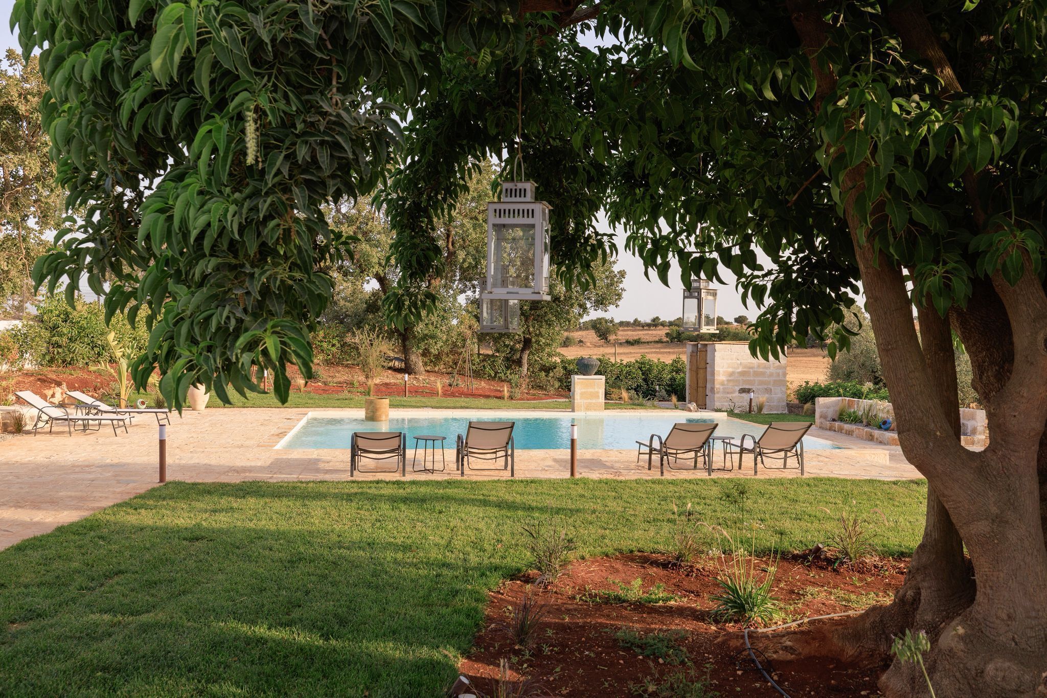 A pool area with lounge chairs, a white lantern, and a tree providing shade.