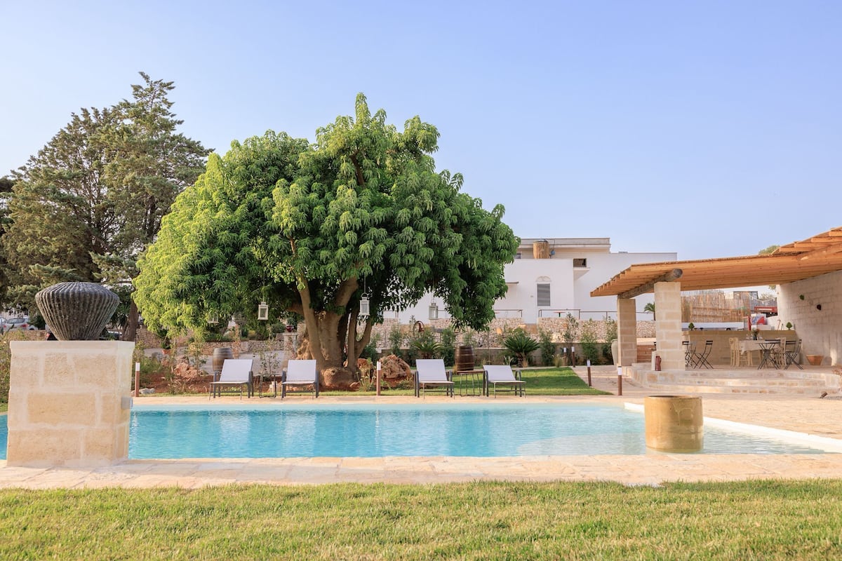 Uma piscina com espreguiçadeiras, uma árvore grande e um edifício ao fundo.