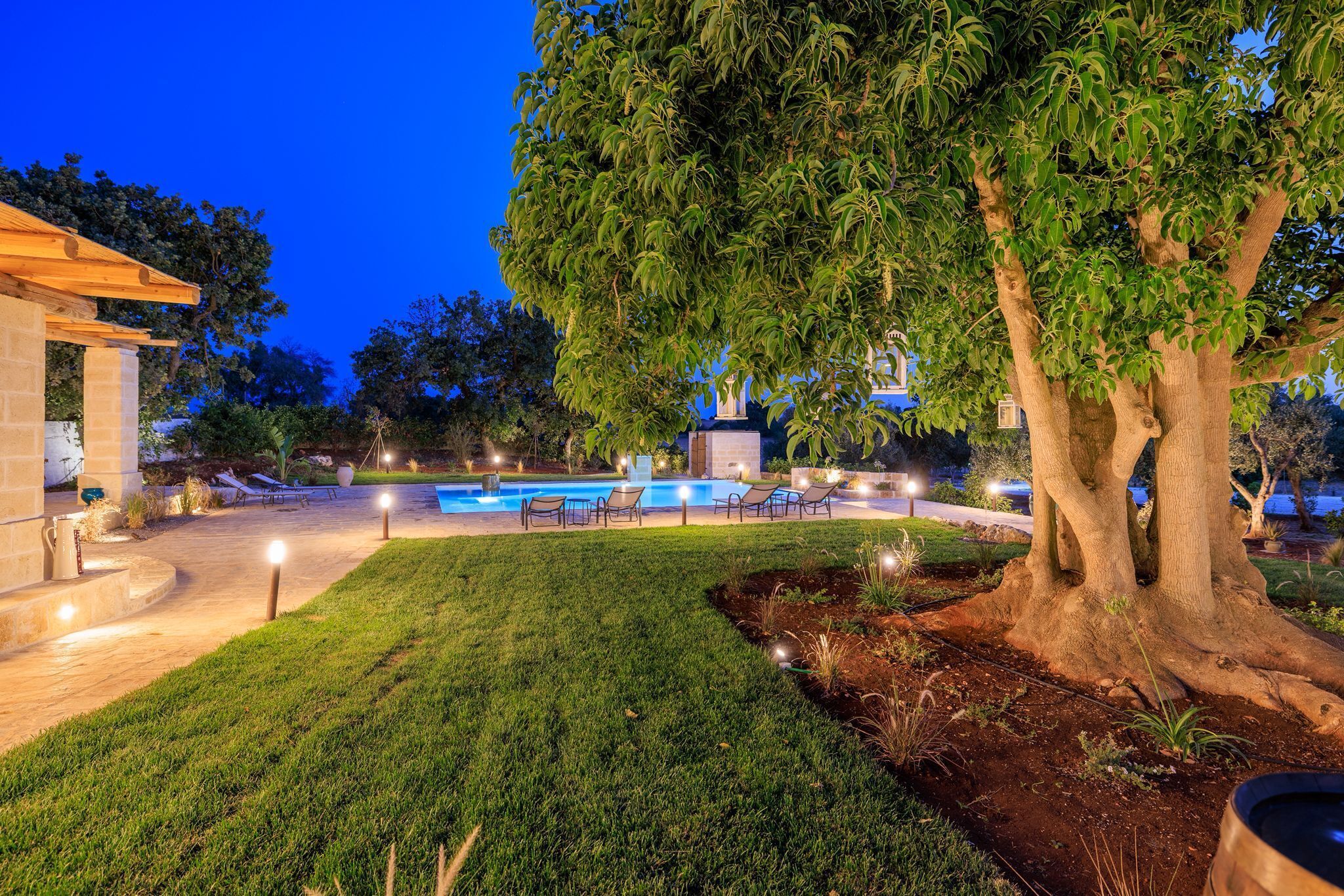 A well-maintained outdoor area with a swimming pool, lounge chairs, and a large tree.