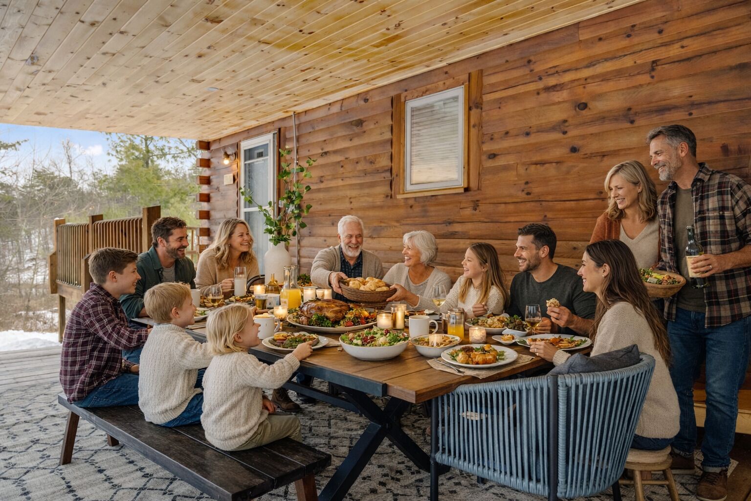 A family dining outdoors with a wooden cabin backdrop, a dining table set with food and drinks, and a bench for seating.