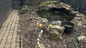 A backyard with a pond, a brick building, and a wooden fence. - Marvelous 3-bedroom townhome in vibrant upper Lawrenceville (Pittsburgh)