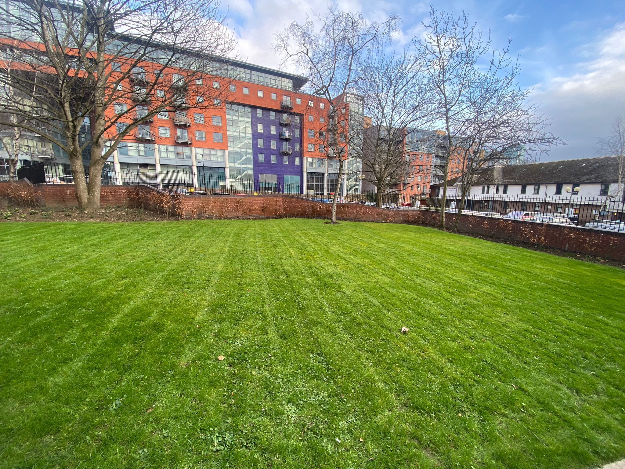 A well-maintained grassy area with a modern building complex in the background.