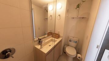 Une salle de bain avec des toilettes, un lavabo et un miroir.