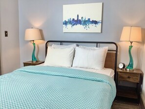 1 bedroom, desk, iron/ironing board, travel cot