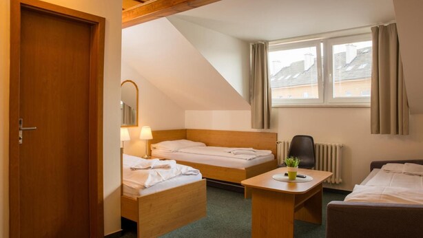 A hotel room with two single beds, a small table with a plant, a chair, and a window with curtains. - Hotel Kanarek (Prague)