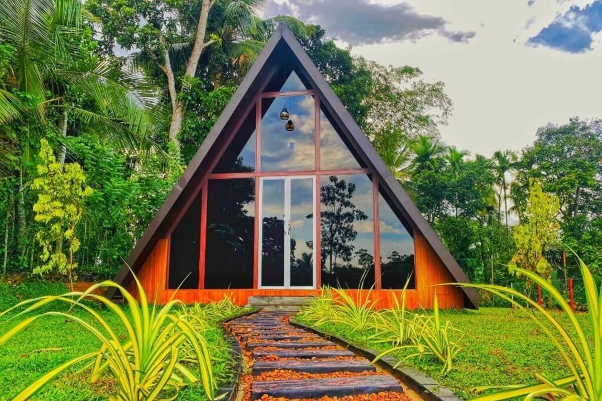 A modern triangular building with large windows, surrounded by lush greenery and a pathway leading to it.
